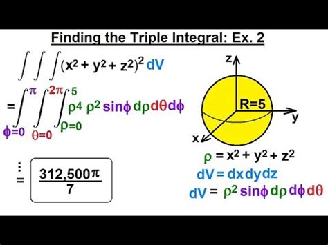 Solution: <b>Sphere</b>: S = {θ ∈ [0,2π], φ ∈ [0,π], ρ ∈ [0,R]}. . Volume of sphere triple integral